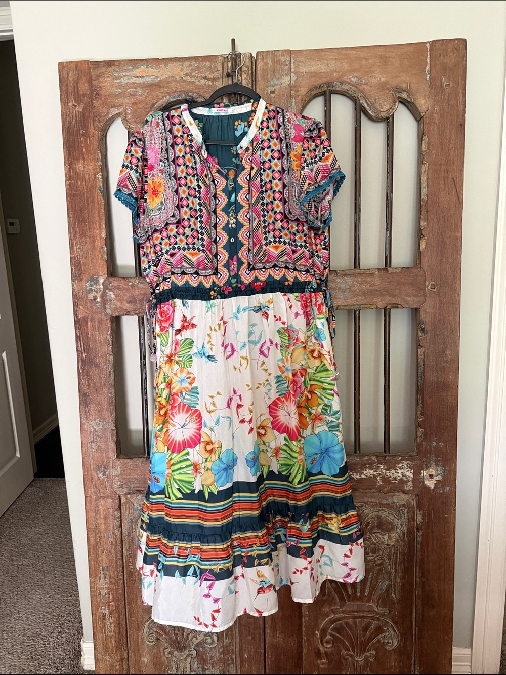 Johnny Was Multicolor Floral & Geometric Patchwork Midi Dress